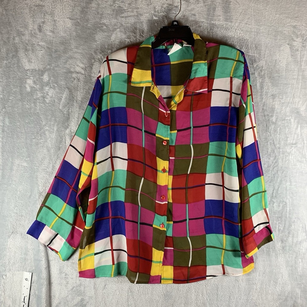 VTG Kaktus Plus Women's Button Up‎ Top 1X Artsy Windowpane Plaid Colorful 90s